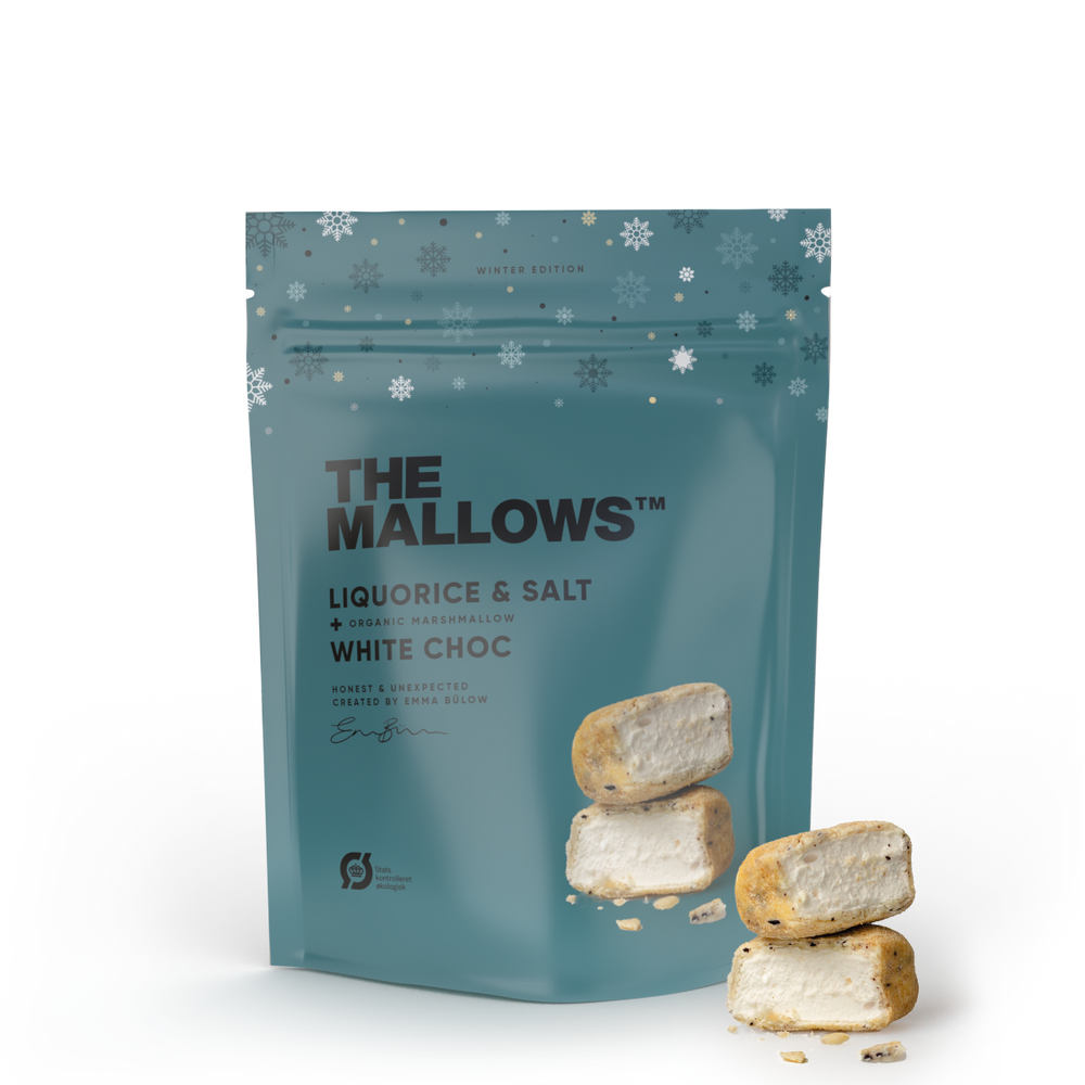 The Mallows Liquorice & Salt +White Chocolate 90g, BEST BY: August 12, 2023