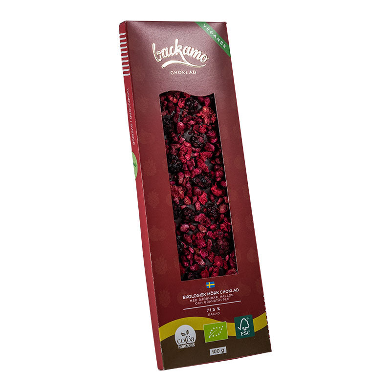 Backamo Organic Dark Chocolate with Blackberry, Raspberry & Pomegranate, BEST BY: July 17, 2023