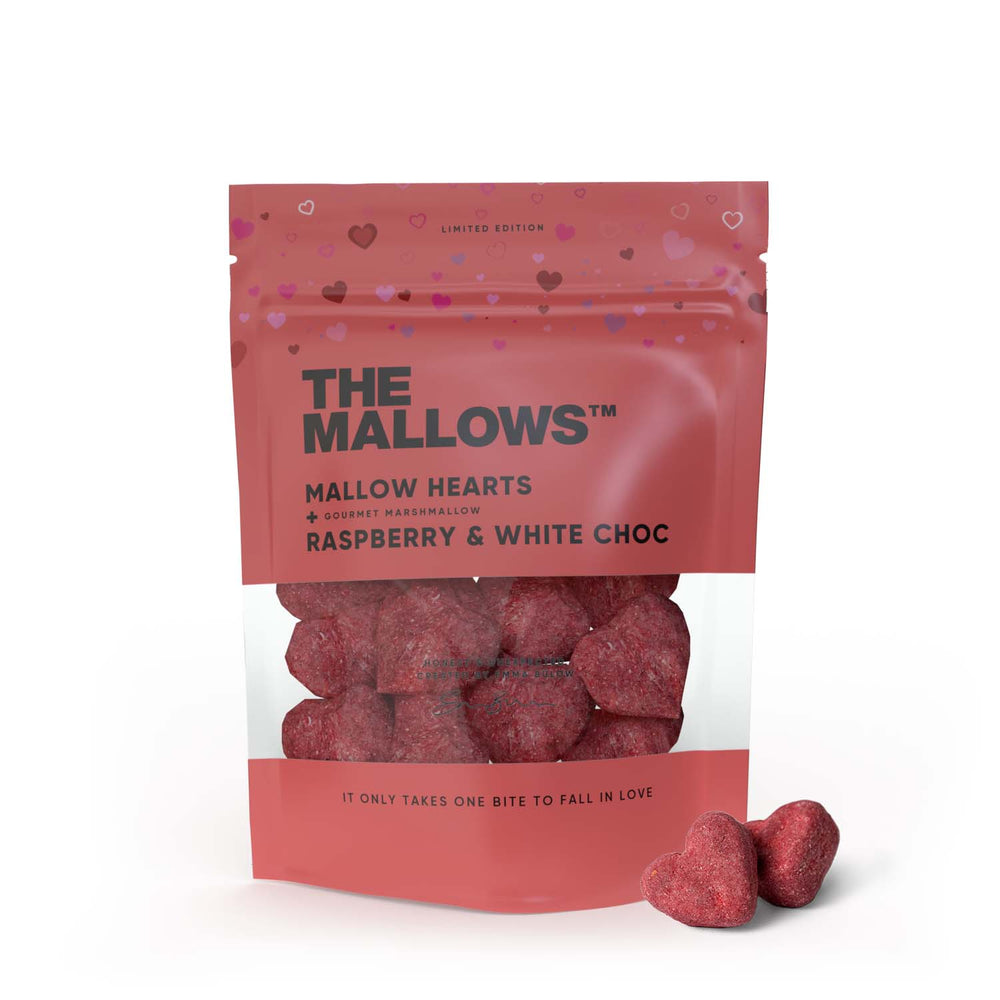The Mallows: Raspberry and White Chocolate Hearts 90g BEST BY: January 10, 2024