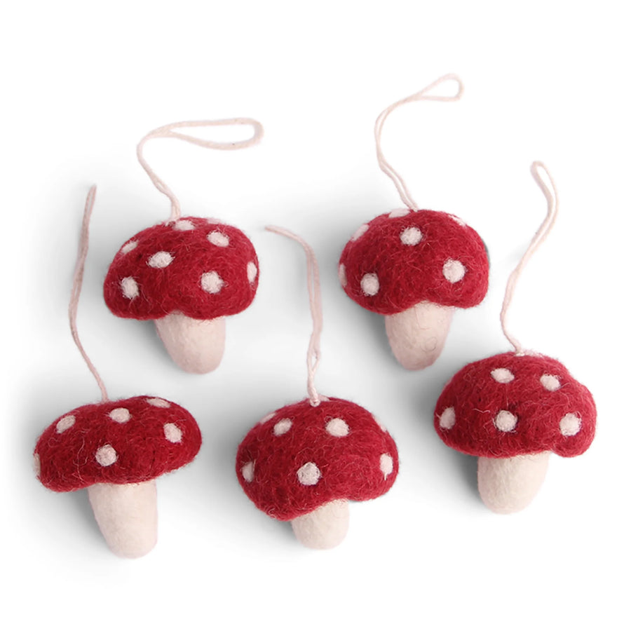 Danish Felt Mushroom Ornaments, Red