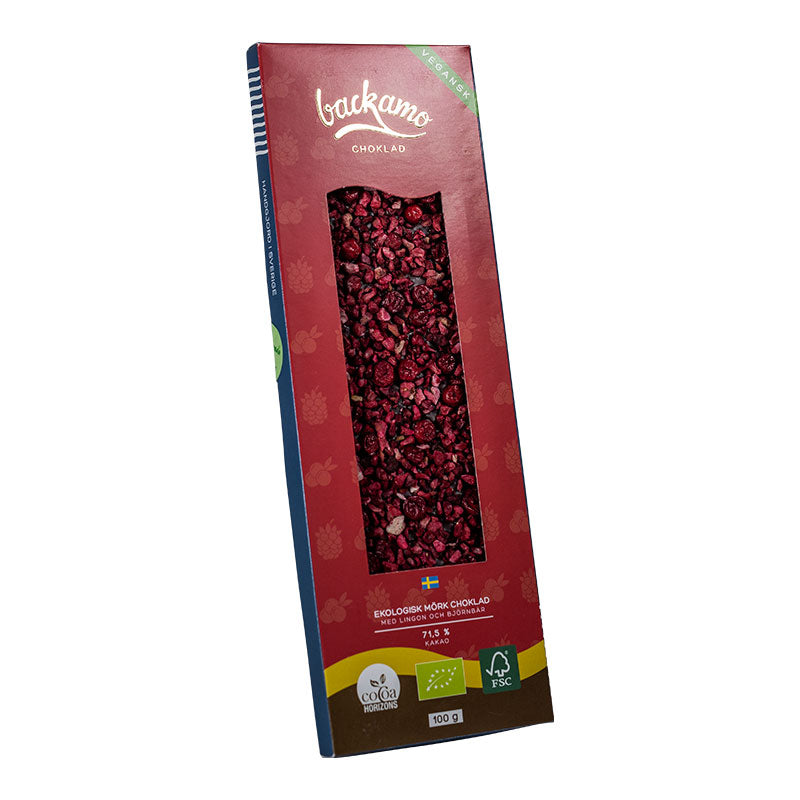 Backamo Organic Dark Chocolate with Lingonberries & Blackberries, BEST BY: October 12, 2023