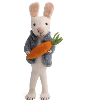 Danish Large White Bunny with Blue Jacket and Carrot