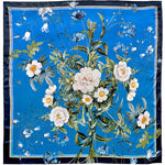 Silk Scarf - Blue flower Garden - Clear Blue Large 90 x 90 cm