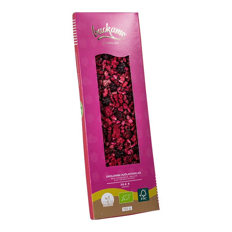 Backamo Organic Milk Chocolate with Blackberry, Raspberry & Pomegranate, BEST BY: October 5, 2023