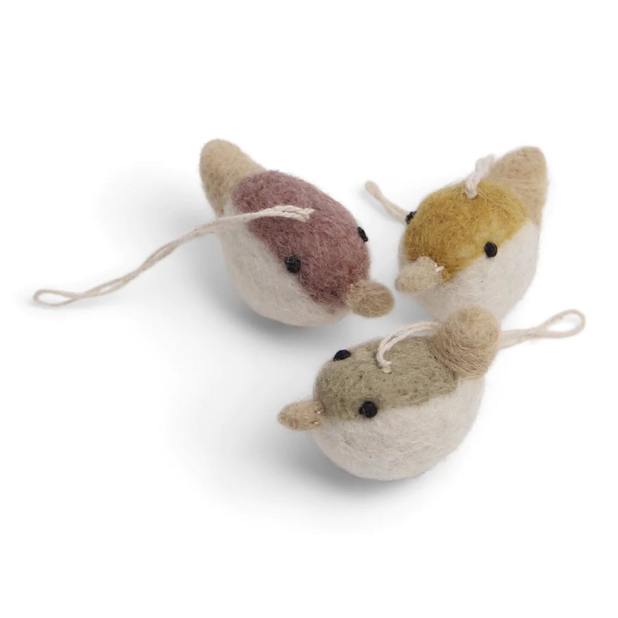 Danish Felt Bird Ornaments, Ochre, Lavender, and Green - Set of 3