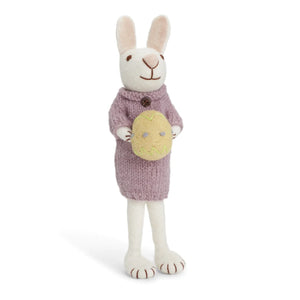 Danish Felt Large White Bunny with Purple Dress and Yellow Egg