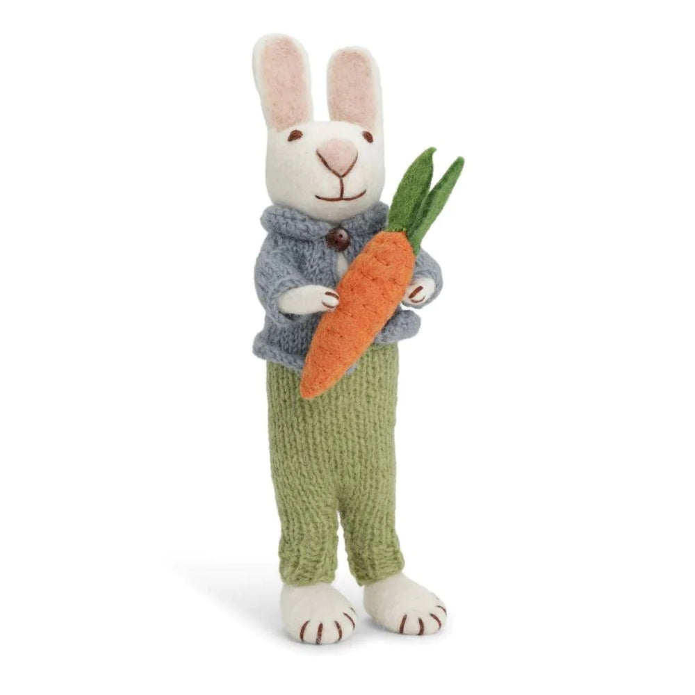 Danish Felt Large White Bunny with Blue Jacket, Green Pants and Carrot