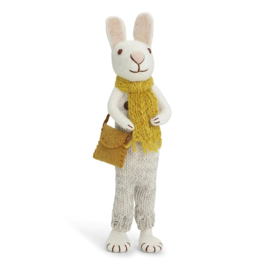 Danish Felt Large White Bunny with Ochre Scarf and Grey Pants