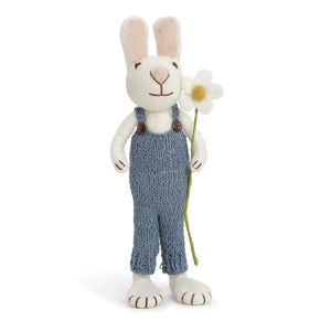 Danish Felt Large White Bunny with Blue Pants and Marguerite