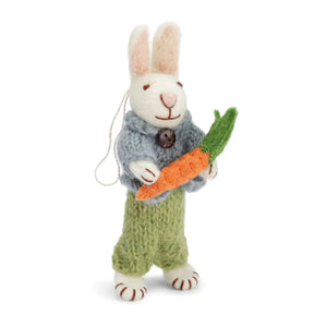 
            
                Load image into Gallery viewer, Danish Felt White Bunny with Blue Jacket, Green Pants and Carrot
            
        