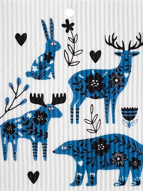 Swedish Wash Towel, Blue & Black Forest Animals