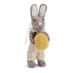 Danish Felt Grey Bunny with Light Grey Pants and Yellow Egg