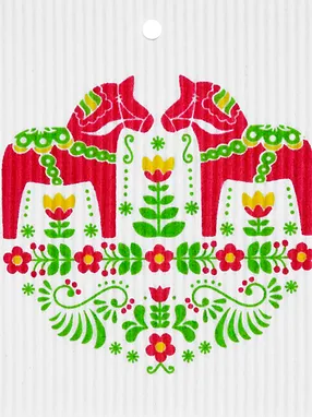 Swedish Wash Towel, Red and Green Dala Horses