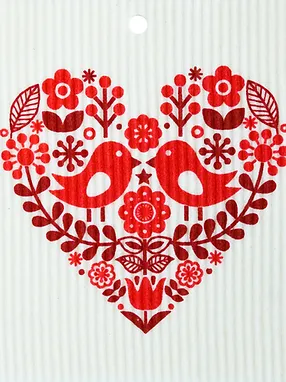 Swedish Wash Towel, Red Heart with Bird Pair
