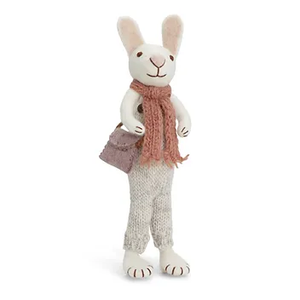 Danish Felt Large White Bunny with Rose Scarf and Grey Pants