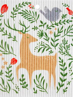 Swedish Wash Towel, Floral Deer & Bird