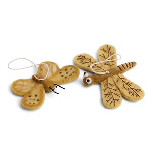 Danish Felt Yellow Dragonfly and Butterfly Ornament, (set of 2)
