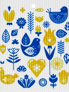 Swedish Wash Towel, Yellow and Blue Birds