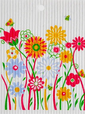 Swedish Wash Towel, Colorful Flowers and Bugs