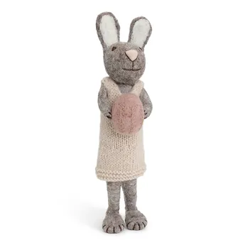 Danish Felt Large Grey Bunny with Light Grey Dress and Lavender Egg