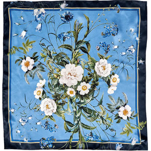 Silk Scarf - Blue flower Garden - Light blue 50x50cm